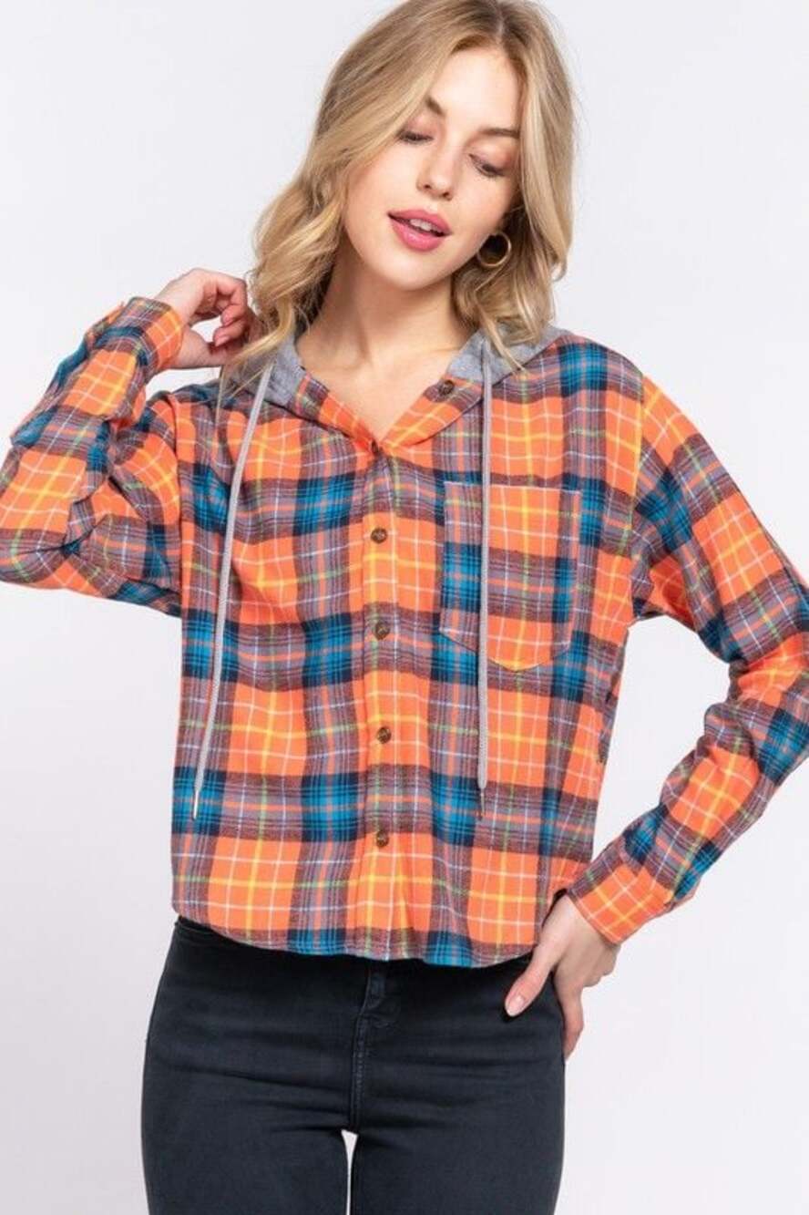 Long Sleeve Drawstring Hoodie Button Down Plaid Cotton Flannel Shirt